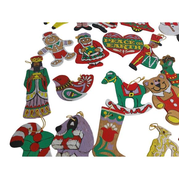 Vintage Wooden Christmas Ornaments Hand Painted Double Sided Set of 28 - Picture 5 of 7
